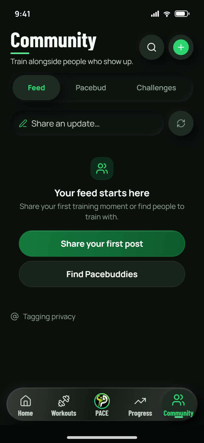 Community demo capture. The middle tab reads Pacebud; the current app calls that tab Friends