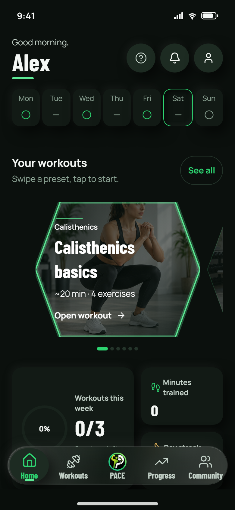 Fitness Pace Home screen with workouts and today's activity overview, using demo data