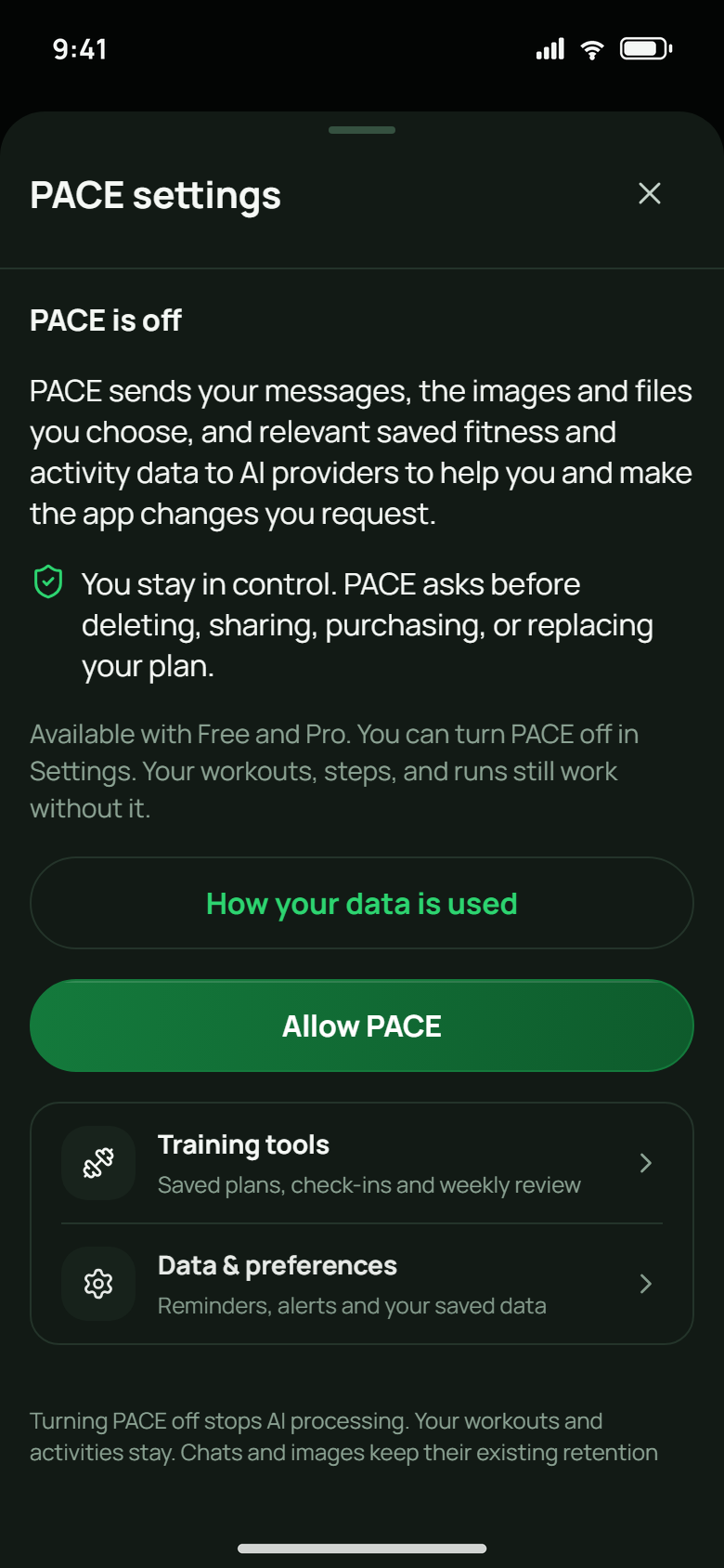 PACE settings explaining AI processing, data controls and the Allow PACE action