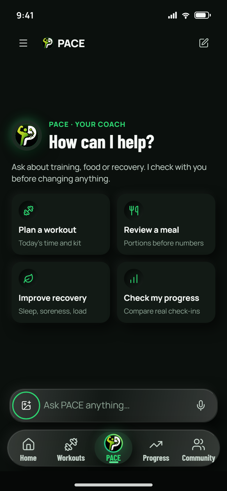 PACE conversation preview in Fitness Pace using a demo account