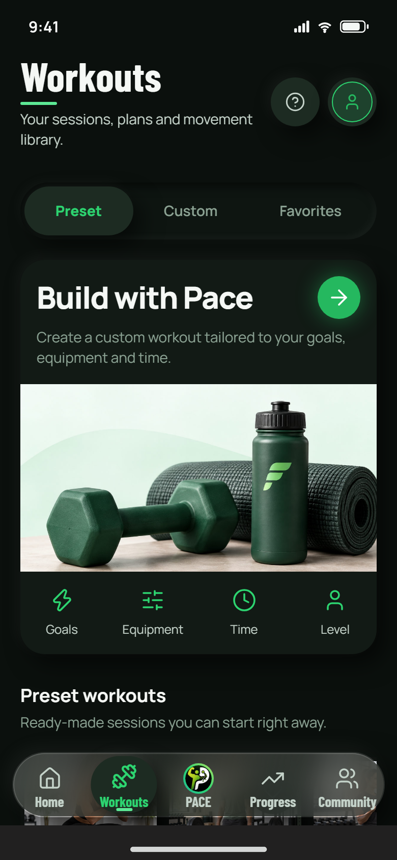 Fitness Pace Workouts preview with preset training collections and demo data