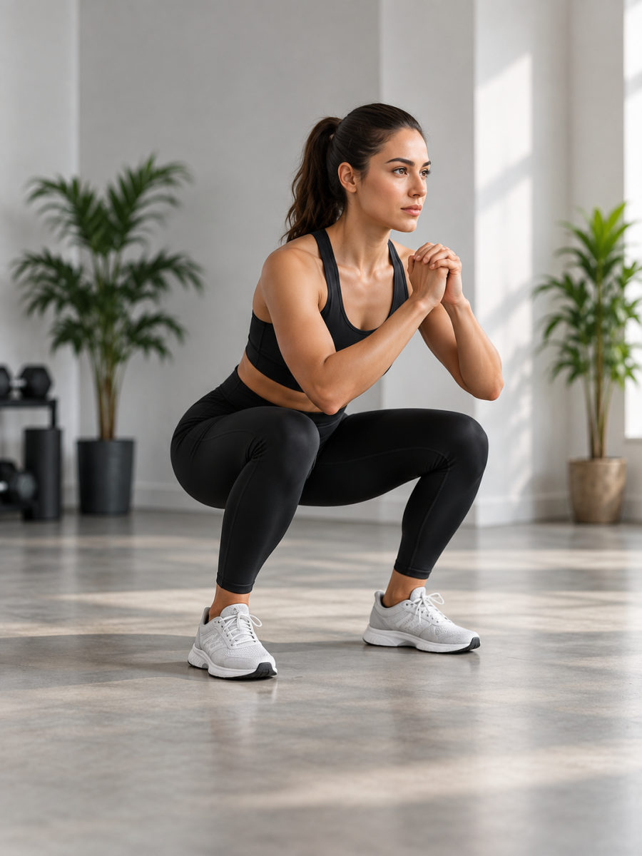 Bodyweight squat in a bright training space